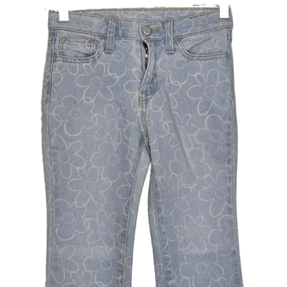 Old Navy Girls Size 8 High Rise Flare Jeans Blue Floral Adjustable Waist